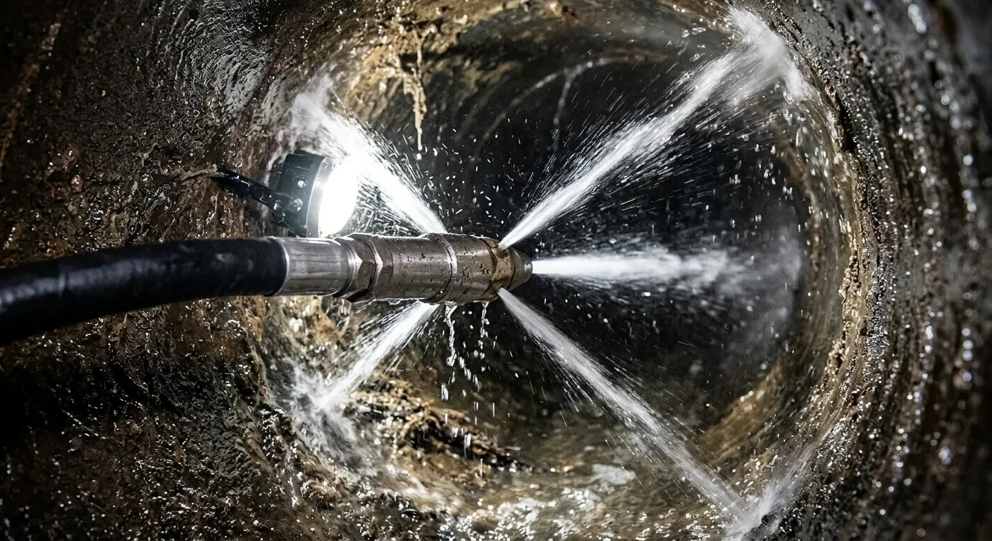 High-pressure hydro jetting nozzle cleaning sewer pipe for Trenchless Sewer Repair in Jaffrey