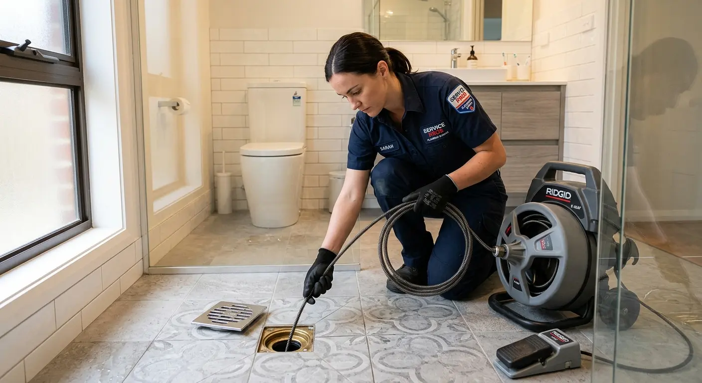 Technician clearing a bathroom floor drain for Drain Cleaning in Jaffrey